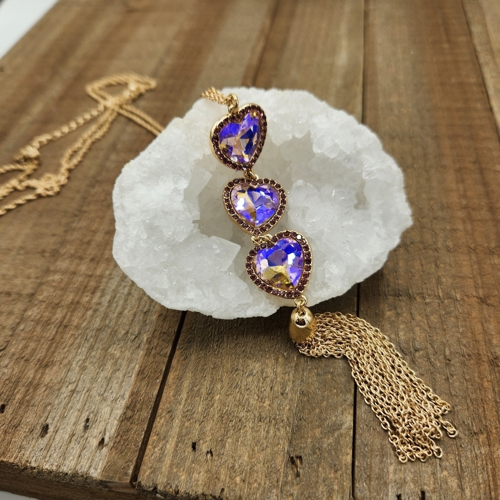 Triple Heart Pendant Necklace • Pink AB Stones • Gold Tassel • Length 21.5"